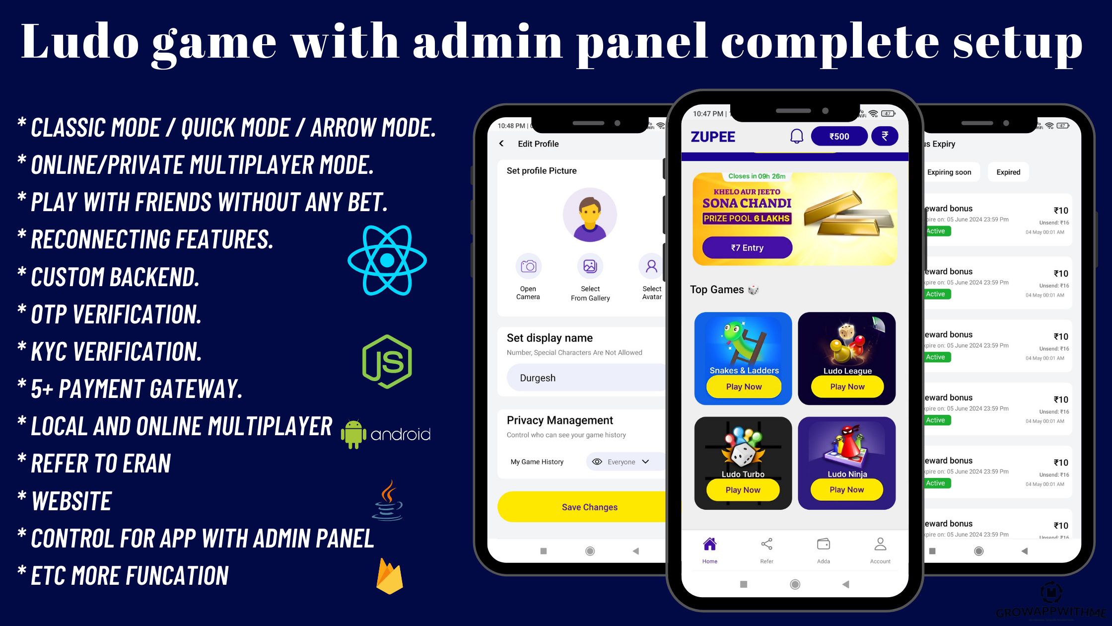 Ludo Zupee Clone with Admin Panel Complete Setup (React Native or Node.js)